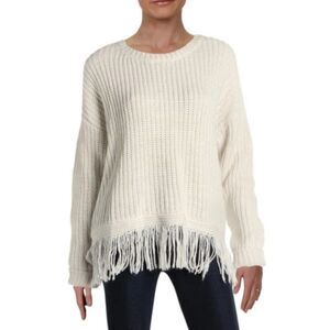Aqua Women's Ribbed Knit Fringed Long Sleeve Pullo